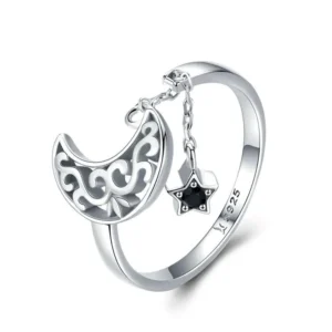 Crescent Moon with Chain Star Sterling Silver Ring